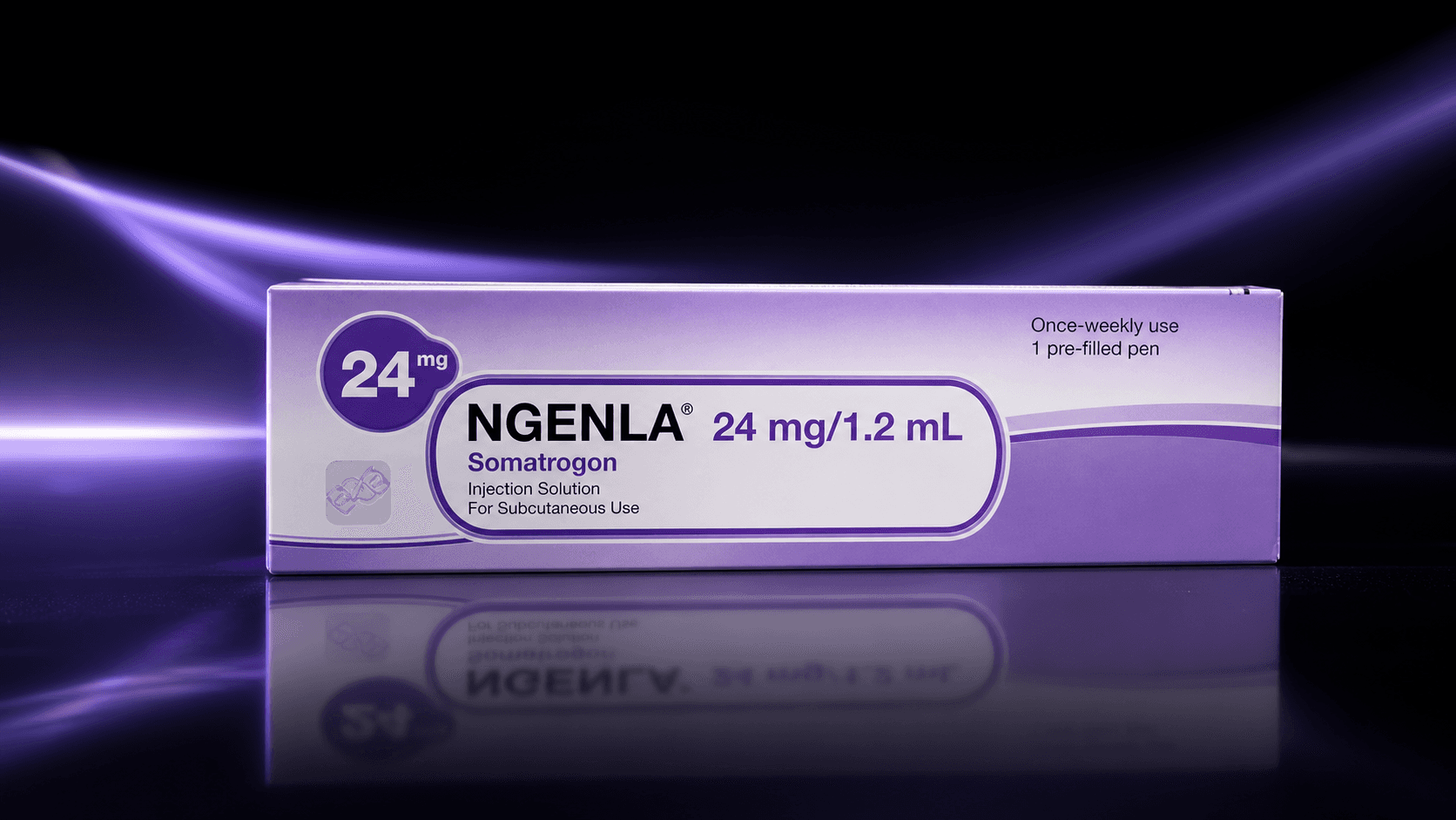 somatrogon 24 mg package on a premium violet background