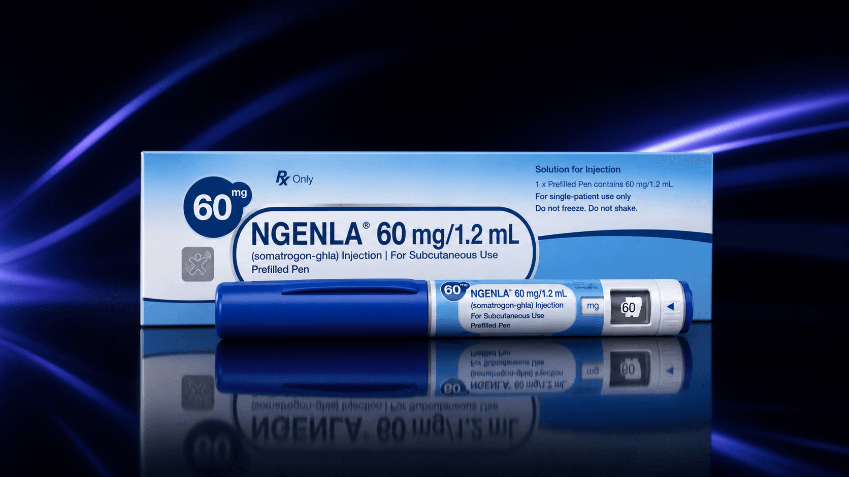 somatrogon 60 mg package and pen on a premium blue background